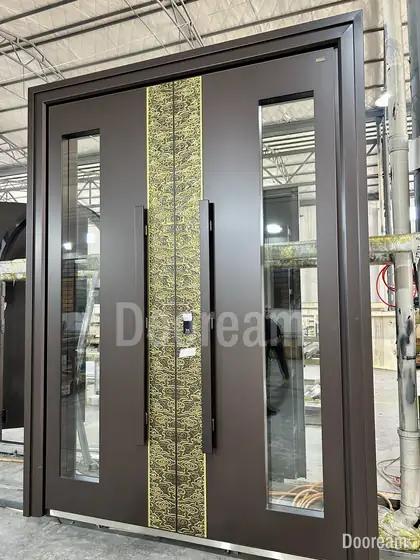 Dark double door with a gold relief stripe, photographed on our floor