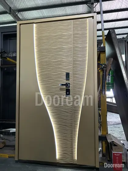 Champagne door with a wave and light line, photographed on our floor